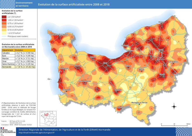 carte représentant l'évolution de la surface artificialisée entre 2008 et 2018 en Normandie