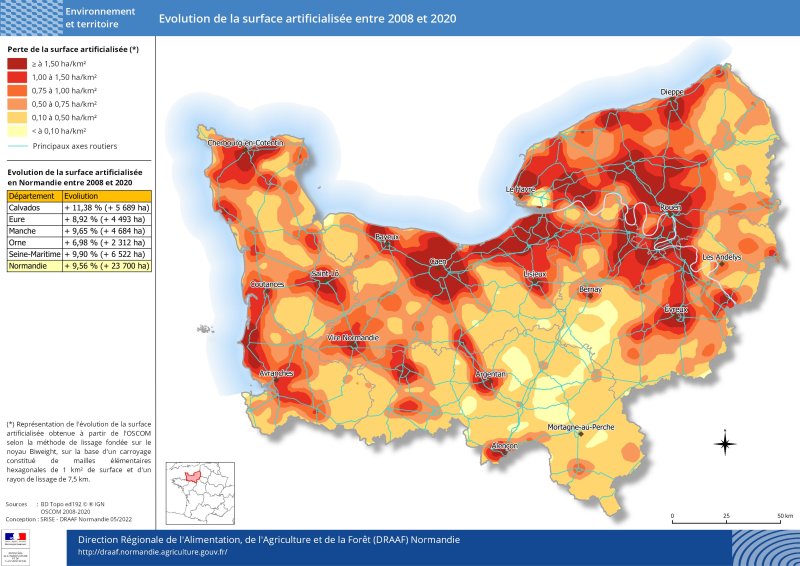 carte représentant l'évolution de la surface artificialisée entre 2008 et 2020 en Normandie