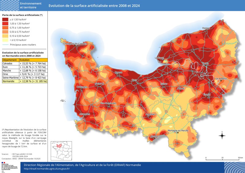 Carte représentant l'évolution de la surface artificialisée entre 2008 et 2024