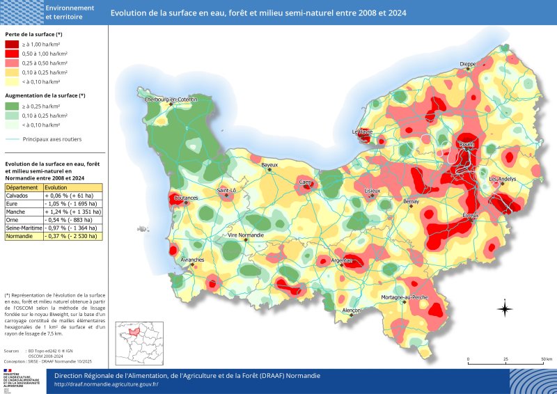 Carte représentant l'évolution de la surface en eau, forêt et milieu semi-naturel entre 2008 et 2024