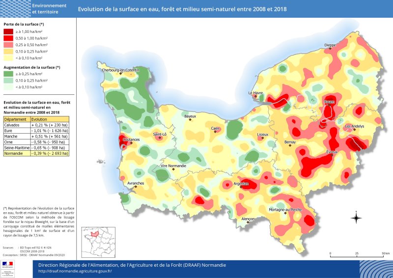 carte représentant l'évolution de la surface en eau, forêt et milieu semi-naturel entre 2008 et 2018