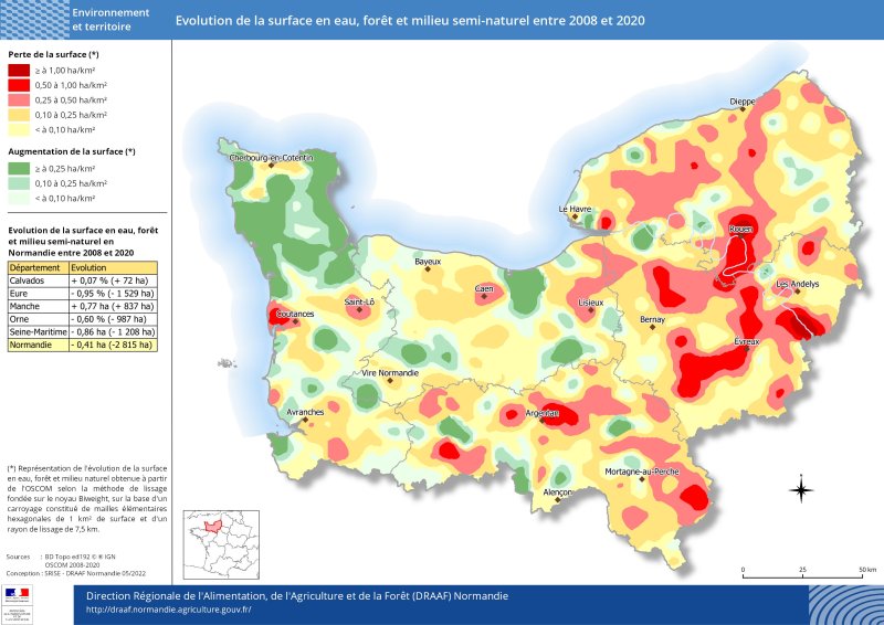 carte représentant l'évolution de la surface en eau, forêt et milieu semi-naturel entre 2008 et 2020