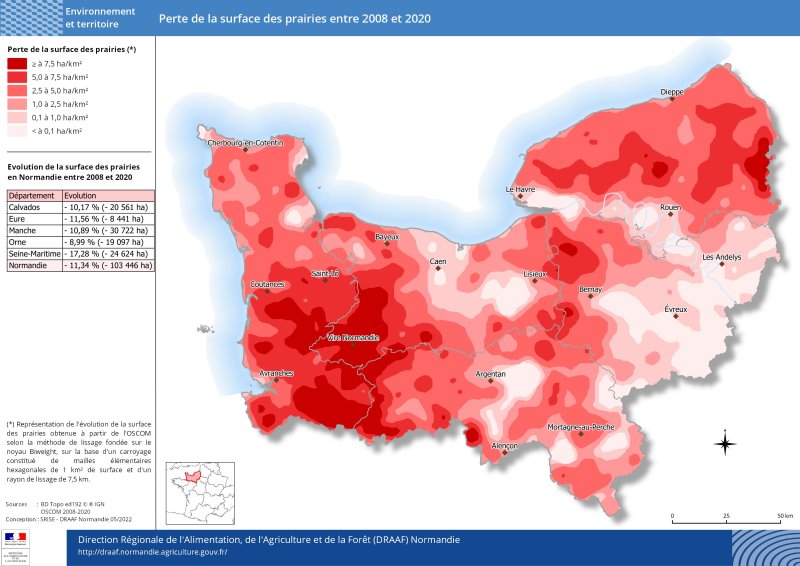 carte représentant la perte de la surface des prairies entre 2008 et 2020