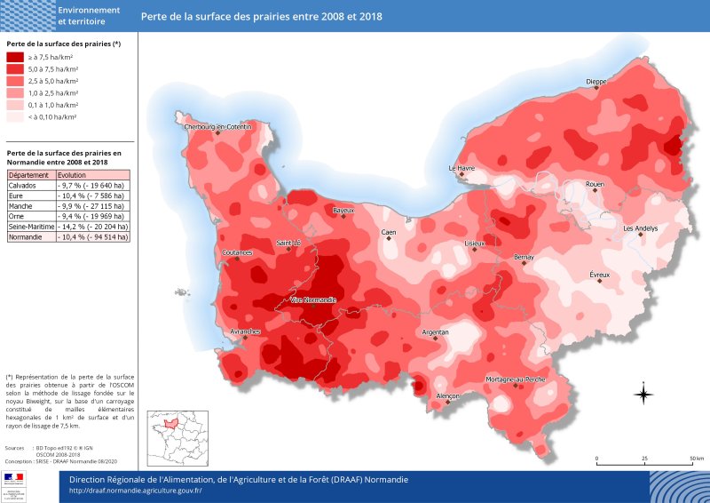 carte représentant la perte de la surface des prairies entre 2008 et 2018