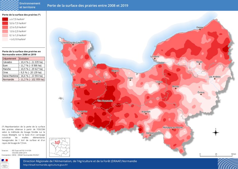 carte représentant la perte de la surface des prairies entre 2008 et 2019