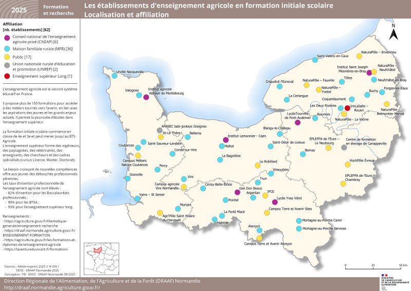 cette carte de Normandie localise les établissement d'enseignement agricole en formation initiale scolaire selon leur affiliation en 2025 : Conseil national de l'enseignement agricole privé (CNEAP) [6], Maison familiale rurale (MFR) [36],Public [17], Union nationale rurale d'éducation et promotion (UNREP) [2], Enseignement supérieur,long [1].