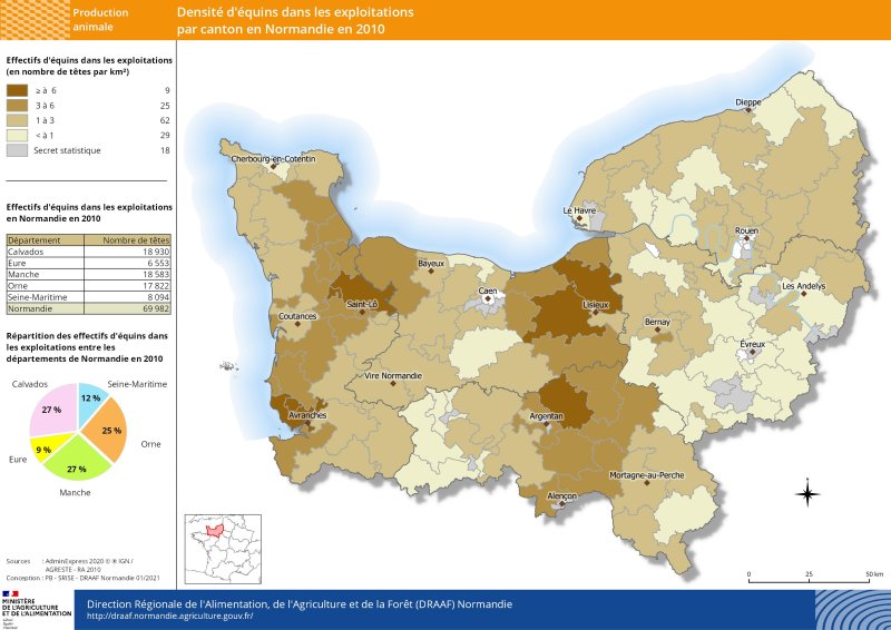 carte représentant la densité d'équins dans les exploitations par canton en Normandie en 2010