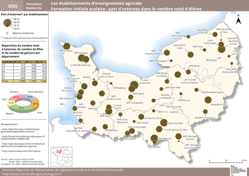 Carte repr&eacute;sentant la part d'externes dans le nombre total d'&eacute;l&egrave;ves