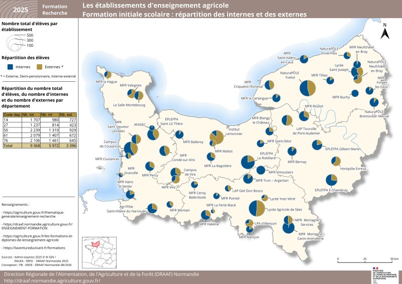 Carte repr&eacute;sentant la r&eacute;partition des internes et des externes