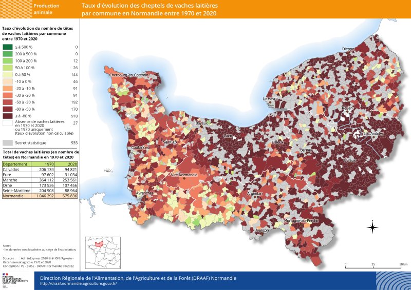 carte représentant le taux d'évolution des cheptels de vaches laitières par commune en Normandie entre 1970 et 2020