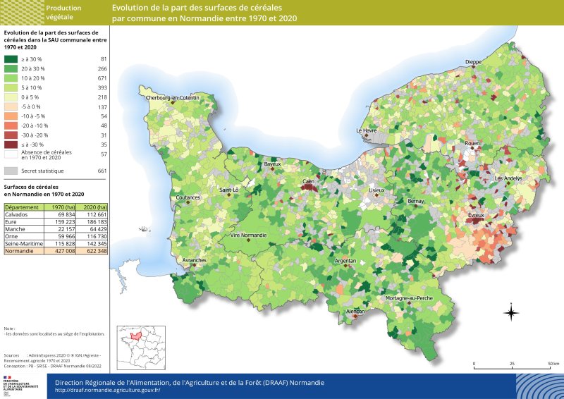 carte représentant l'évolution de la part des surfaces de céréales par commune en Normandie entre 1970 et 2020