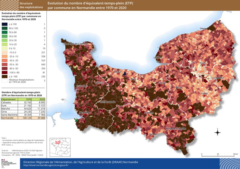 carte représentant l'évolution du nombre d'équivalent-temps-plein (ETP) par commune en Normandie entre 1970 et 2020