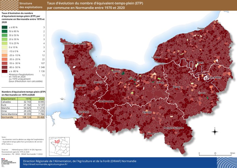 carte représentant le taux d'évolution du nombre d'équivalent-temps-plein (ETP) par commune en Normandie entre 1970 et 2020