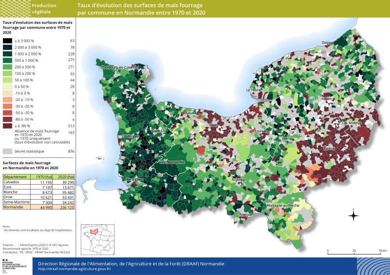 carte représentant le taux d'évolution des surfaces de maïs fourrage par commune en Normandie entre 1970 et 2020