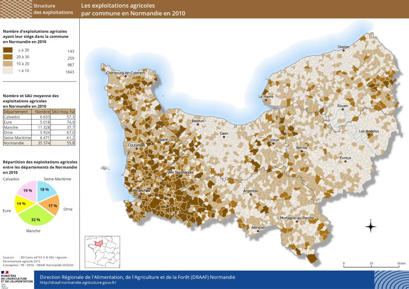 carte représentant les exploitations agricoles par commune en Normandie en 2010