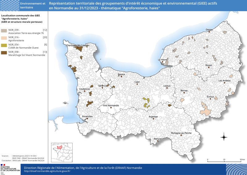 Représentation territoriale des groupements d'intérêt économique et environnemental (GIEE) actifs en Normandie au 31/12/2023 - thématique "Agroforesterie, haies"