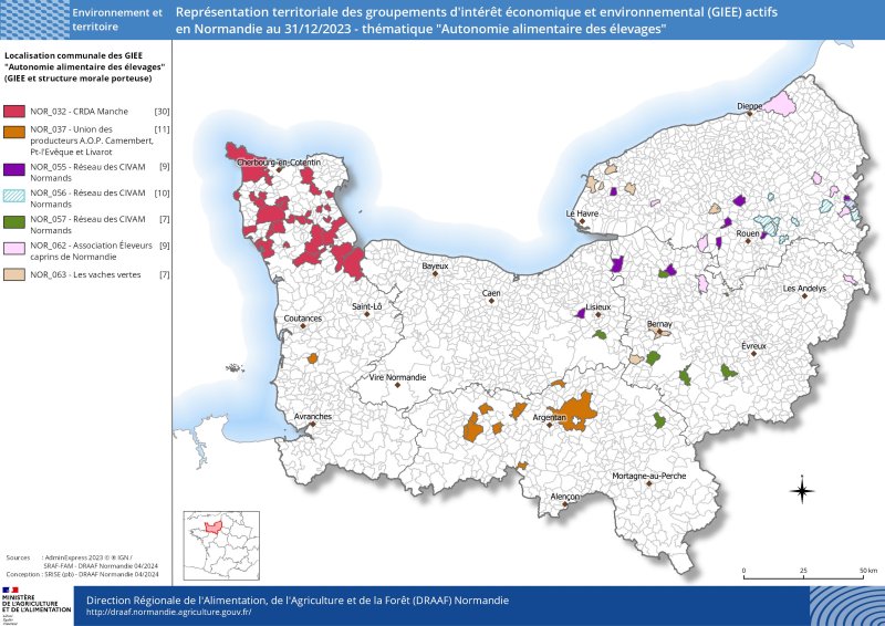 Représentation territoriale des groupements d'intérêt économique et environnemental (GIEE) actifs en Normandie au 31/12/2023 - thématique "Autonomie alimentaire des élevages"