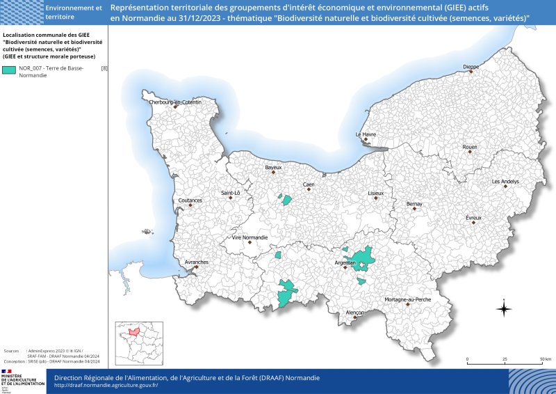 Représentation territoriale des groupements d'intérêt économique et environnemental (GIEE) actifs en Normandie au 31/12/2023 - thématique "Biodiversité naturelle et biodiversité cultivée (semences, variétés)"