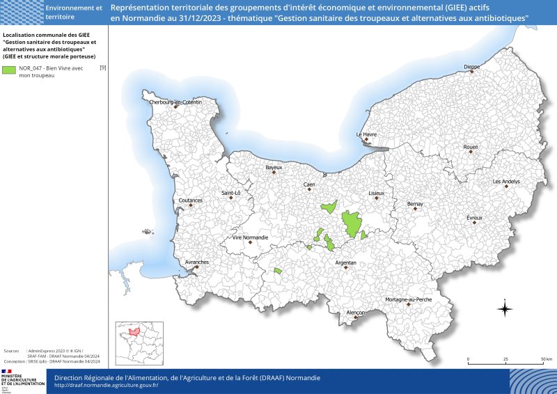 Représentation territoriale des groupements d'intérêt économique et environnemental (GIEE) actifs en Normandie au 31/12/2023 - thématique "Gestion sanitaire des troupeaux et alternatives aux antibiotiques"