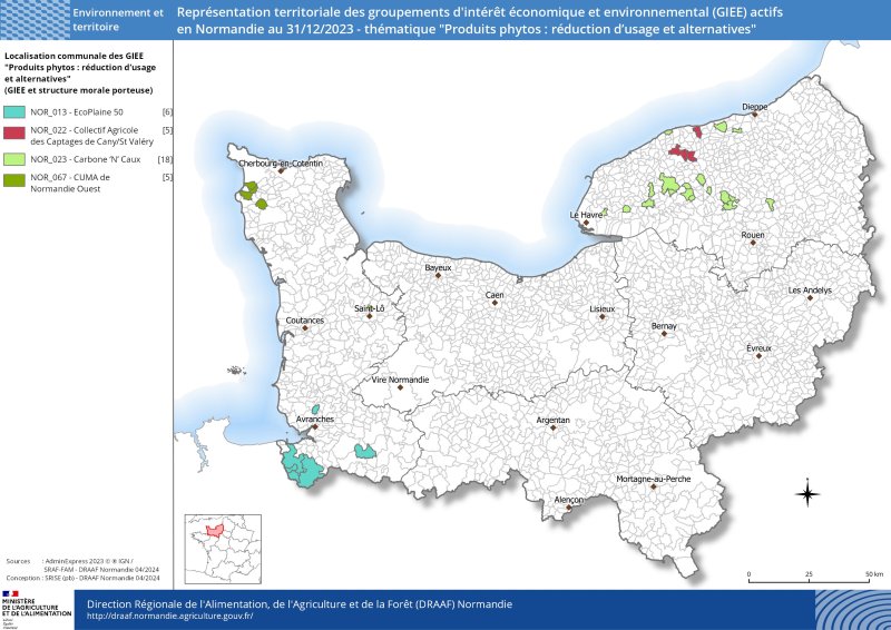 Représentation territoriale des groupements d'intérêt économique et environnemental (GIEE) actifs en Normandie au 31/12/2023 - thématique "Produits phytos : réduction d'usage et alternatives"