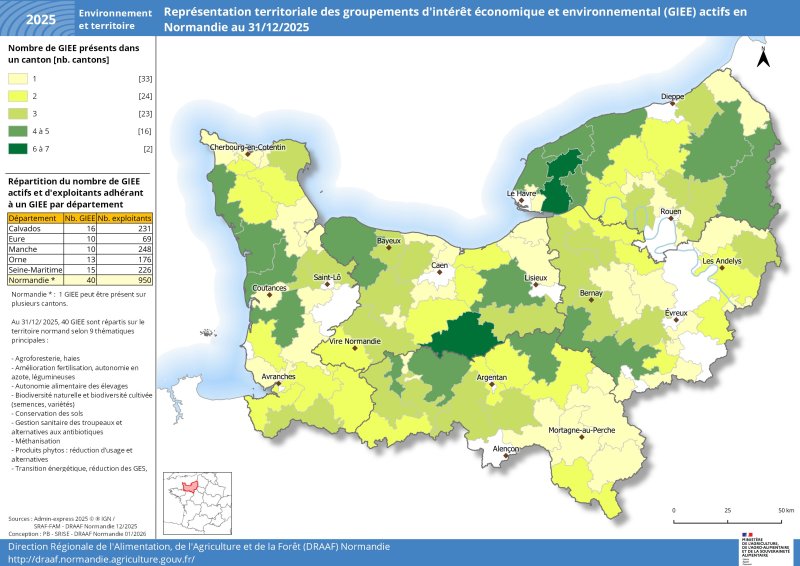 En Normandie, on compte plus de 1 000 agriculteurs adh&eacute;rant et 43 GIEE actifs en 2025. On peut observer une forte densit&eacute; de GIEE dans les zones d'&eacute;levage et sur des secteurs dont la probl&eacute;matique de l'&eacute;rosion et de la pr&eacute;servation des sols est forte comme par exemple le Pays de Caux.Un jeu de donn&eacute;es relatif &agrave; cette carte est disponible sous la carte. 