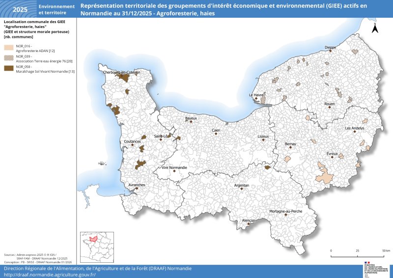 Trois GIEE sont pr&eacute;sents en Normandie sur le th&egrave;me est l'agroforesterie et la haie en 2025. Ces trois groupes sont pr&eacute;sents dans la Manche, l'Eure et la Seine-Maritime, sur des secteurs o&ugrave; il y a soit un enjeu de pr&eacute;servation du r&eacute;seau de haie existant (la Manche) soit de r&eacute;cr&eacute;ation de haies disparues depuis plusieurs d&eacute;cennies (l'Eure).Un jeu de donn&eacute;es relatif &agrave; cette carte est disponible sous la carte. 