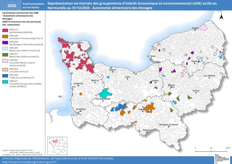 On compte neuf GIEE normands orient&eacute;s vers l'autonomie alimentaire des &eacute;levages en 2025. Sans surprise, ce sont les secteurs d'&eacute;levage qui sont vis&eacute;s. Ces GIEE concernent en premier lieu les &eacute;levages de vaches laiti&egrave;res, mais pas seulement. Nous trouvons aussi des &eacute;levages caprins et, plus r&eacute;cemment, des poulaillers mobiles de poules pondeuses. Un jeu de donn&eacute;es relatif &agrave; cette carte est disponible sous la carte. 