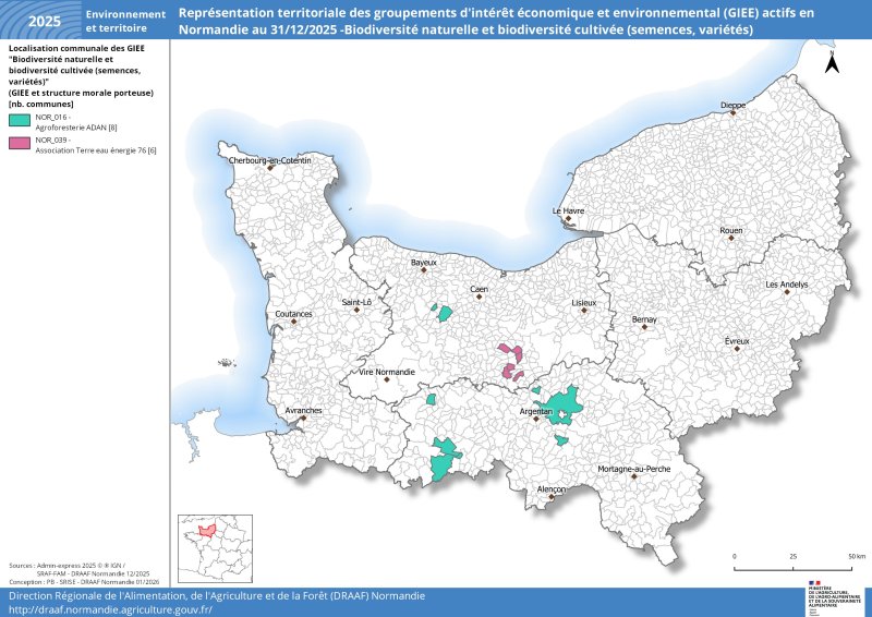 Deux GIEE normands travaillent sur le th&egrave;me de la biodiversit&eacute; naturelle et biodiversit&eacute; cultiv&eacute;e (semences et vari&eacute;t&eacute;s) en 2025. Ils se situent sur les d&eacute;partements de l'Orne et du Calvados. Un jeu de donn&eacute;es relatif &agrave; cette carte est disponible sous la carte. 
