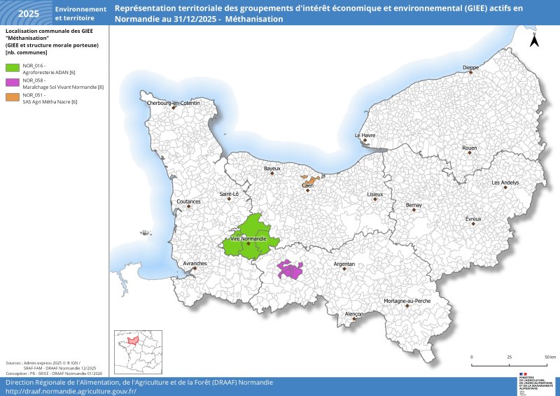 Quatre GIEE travaillent sur la m&eacute;thanisation en Normandie en 2025. Un GIEE est situ&eacute; au Nord de Caen et les trois autres dans le secteur du Bocage normand, entre Vire et Flers, l&agrave; o&ugrave; la d&eacute;prise de l'&eacute;levage permet une valorisation &eacute;nerg&eacute;tique de certaines productions. Un jeu de donn&eacute;es relatif &agrave; cette carte est disponible sous la carte. 