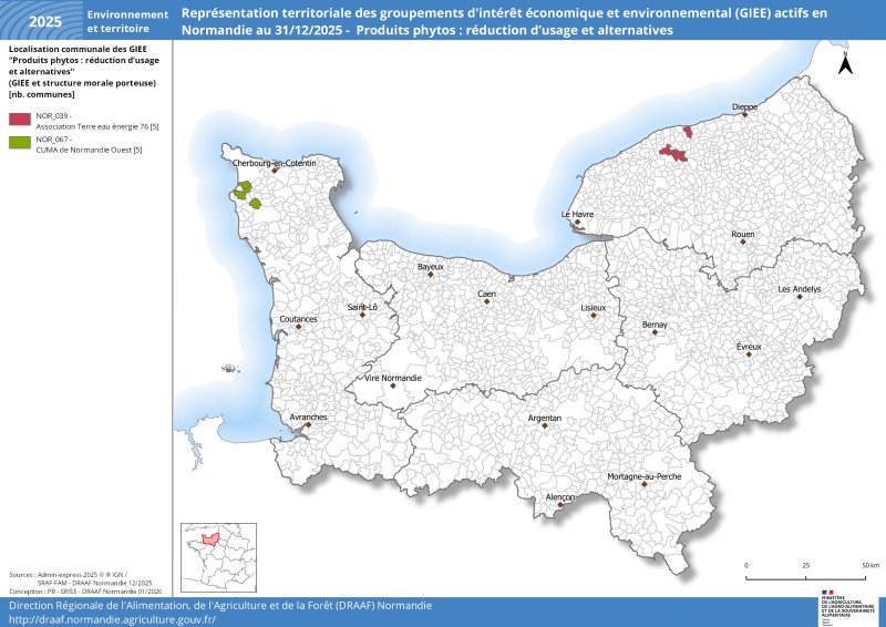 Quatre GIEE orient&eacute;s vers la r&eacute;duction des produits phytopharmaceutiques et leurs alternatives sont pr&eacute;sents en Normandie en 2025. Ces groupes sont proches de Cherbourg, d'Avranches et entre Le Havre et Dieppe. L'enjeu principal est la qualit&eacute; de l'eau dans des secteurs sensibles parfois des zones de captage. Un jeu de donn&eacute;es relatif &agrave; cette carte est disponible sous la carte. 