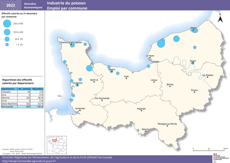 Sur la carte de Normandie, des pastilles de différentes tailles représentent les tranches d'effectifs salariés par commune. Les données représentées figurent dans le jeu de données publié sous la carte 
