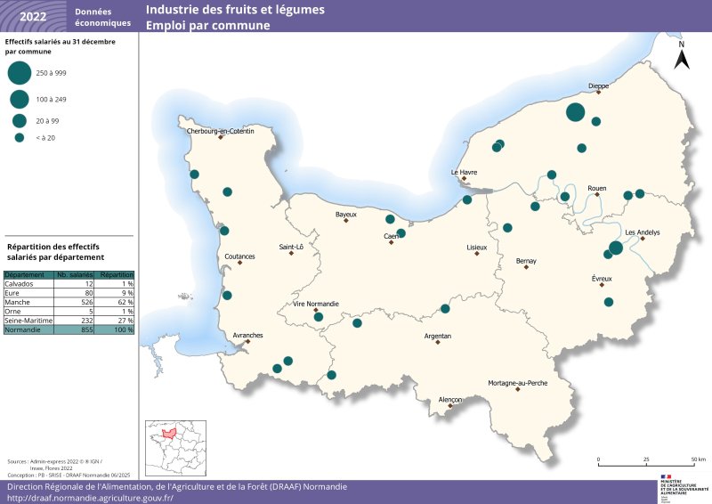 Sur la carte de Normandie, des pastilles de différentes tailles représentent les tranches d'effectifs salariés par commune. Les données représentées figurent dans le jeu de données publié sous la carte 