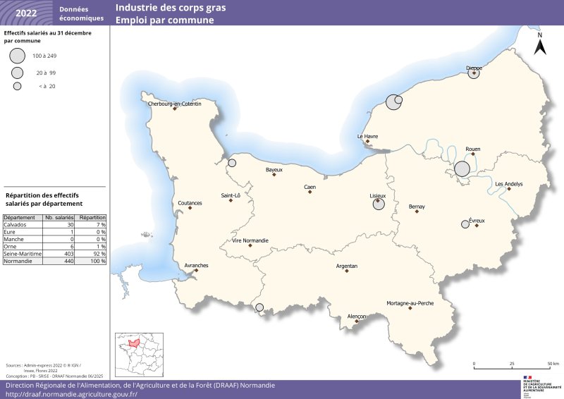 Sur la carte de Normandie, des pastilles de différentes tailles représentent les tranches d'effectifs salariés par commune. Les données représentées figurent dans le jeu de données publié sous la carte 