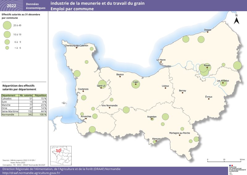 Sur la carte de Normandie, des pastilles de différentes tailles représentent les tranches d'effectifs salariés par commune. Les données représentées figurent dans le jeu de données publié sous la carte 