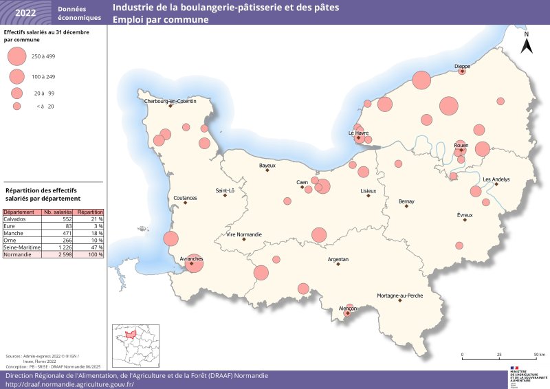 Sur la carte de Normandie, des pastilles de différentes tailles représentent les tranches d'effectifs salariés par commune. Les données représentées figurent dans le jeu de données publié sous la carte 