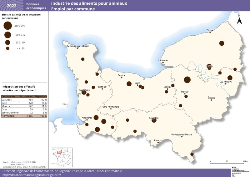 Sur la carte de Normandie, des pastilles de différentes tailles représentent les tranches d'effectifs salariés par commune. Les données représentées figurent dans le jeu de données publié sous la carte 