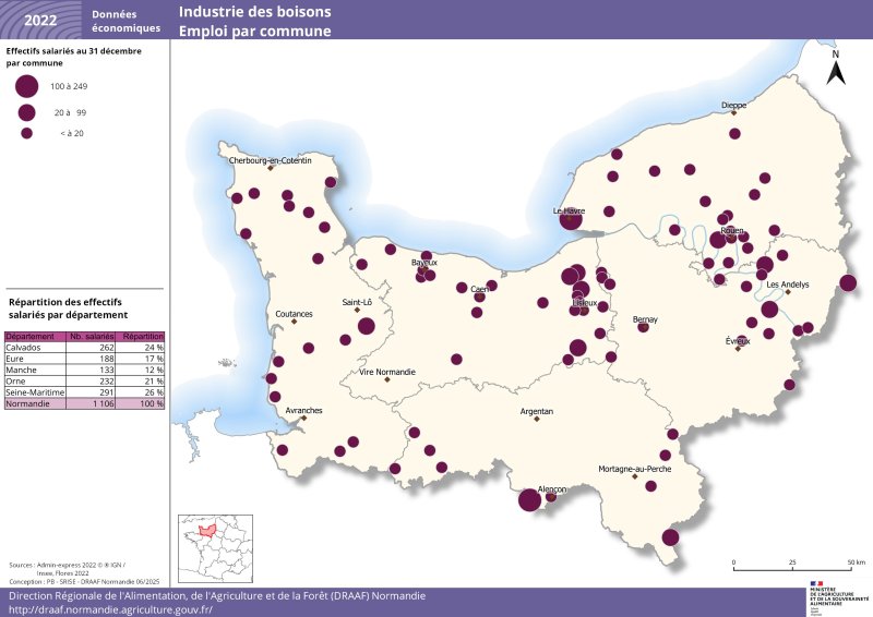 Sur la carte de Normandie, des pastilles de différentes tailles représentent les tranches d'effectifs salariés par commune. Les données représentées figurent dans le jeu de données publié sous la carte 
