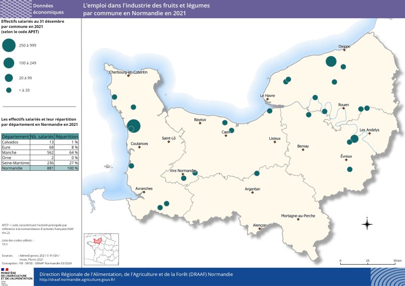 carte représentant l'emploi dans l'industrie des fruits et légumes par commune en Normandie en 2021