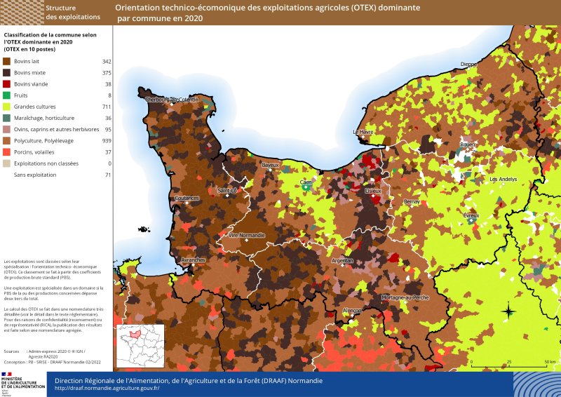 carte représentant l'orientation technico-économique des exploitations agricoles (OTEX) dominante par commune en 2020 (11 postes - coefficients PBS 2017)