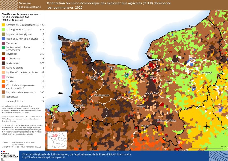 carte représentant l'orientation technico-économique des exploitations agricoles (OTEX) dominante par commune en 2020 (16 postes - coefficients PBS 2017)