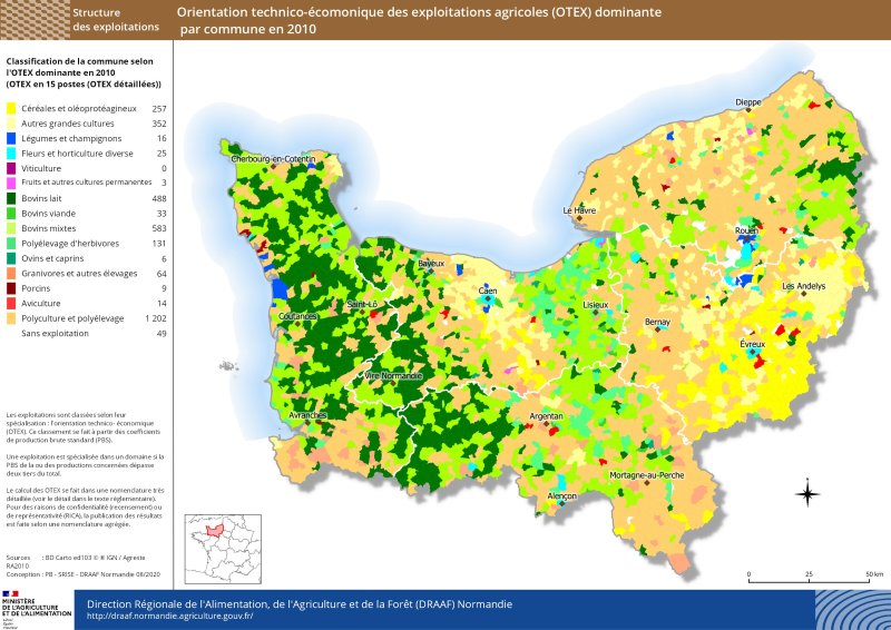 carte représentant l'orientation technico-économique des exploitations agricoles (OTEX) dominante par commune en 2010