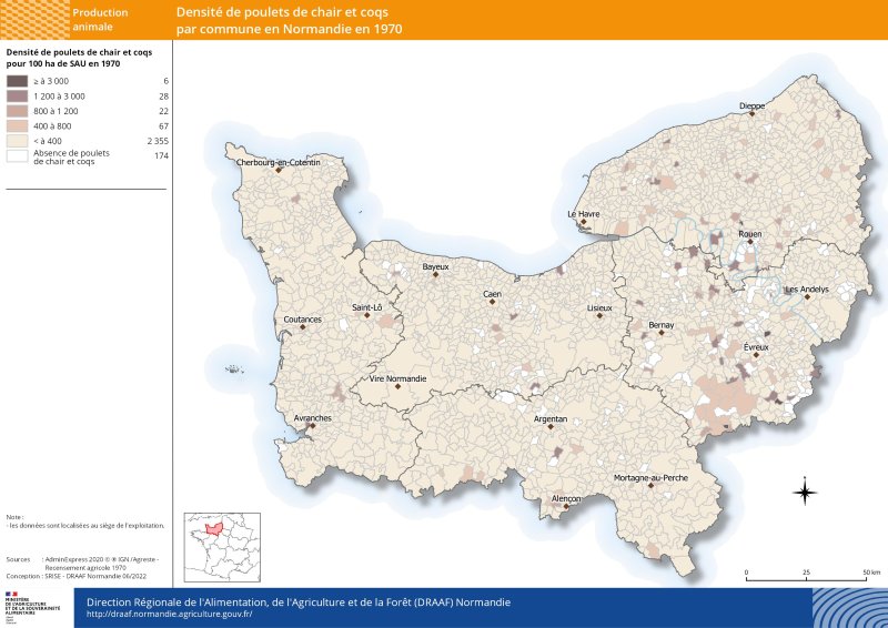 carte représentant la densité de poulets de chair et coqs par commune en 1970