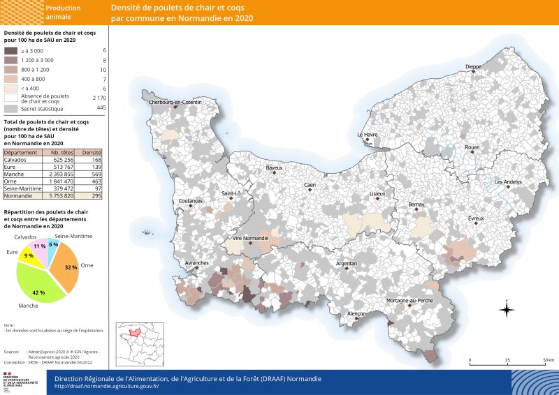 carte représentant la densité de poulets de chair et coqs par commune en 2020