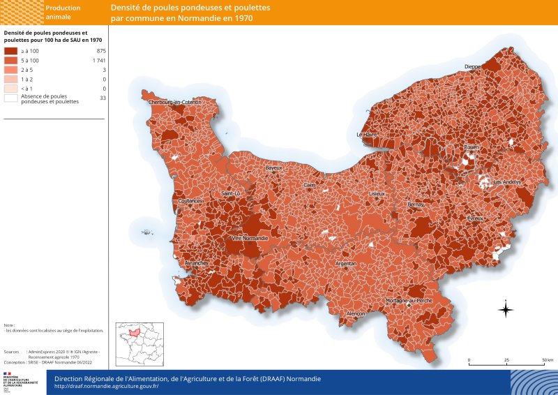 carte représentant la densité de poules pondeuses et poulettes par commune en 1970