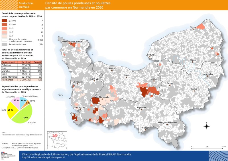 carte représentant la densité de poules pondeuses et poulettes par commune en 2020