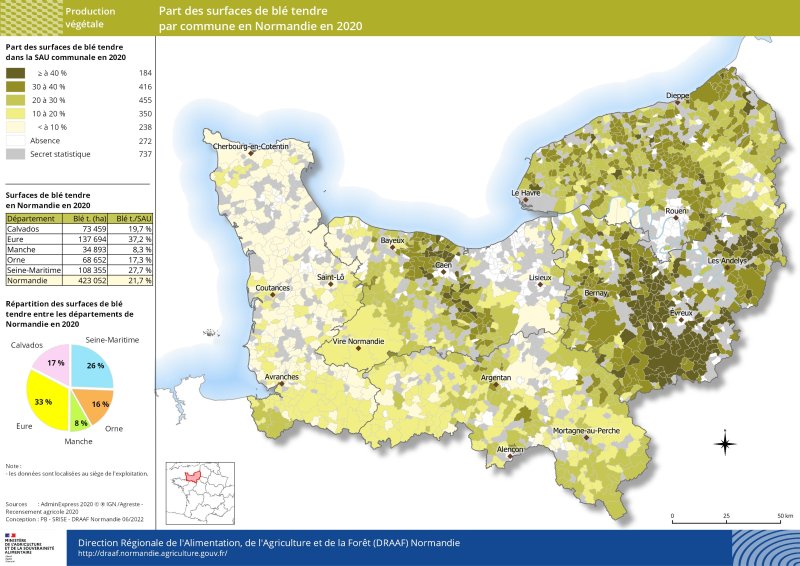 carte représentant la part des surfaces de blé tendre par commune en Normandie en 2020