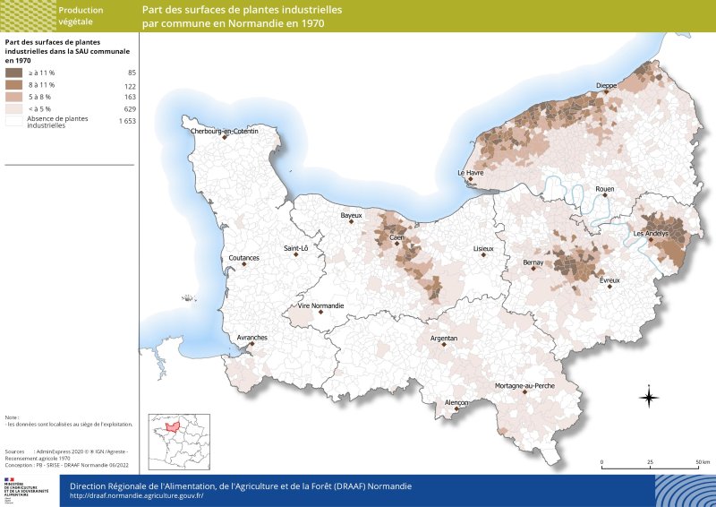 carte représentant la part des surfaces de plantes industrielles par commune en Normandie en 1970