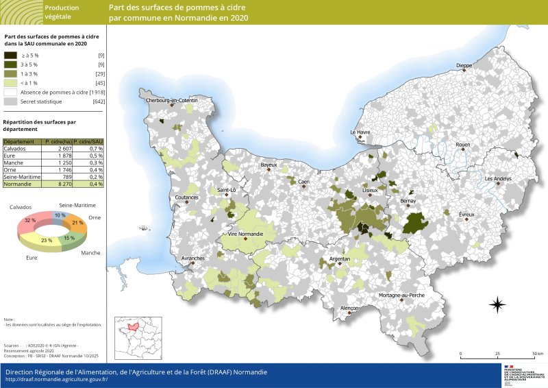 Carte représentant la part des surfaces pommes à cidre par commune en Normandie en 2020