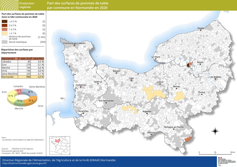 Carte représentant la part de surface de pommes de table par commune en Normandie en 2020