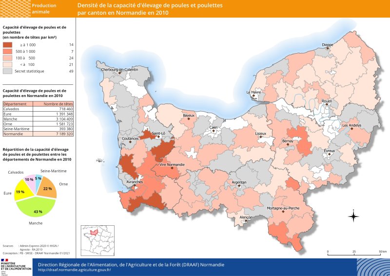 carte représentant la densité de la capacité d'élevage de poules et poulettes par canton en Normandie en 2010